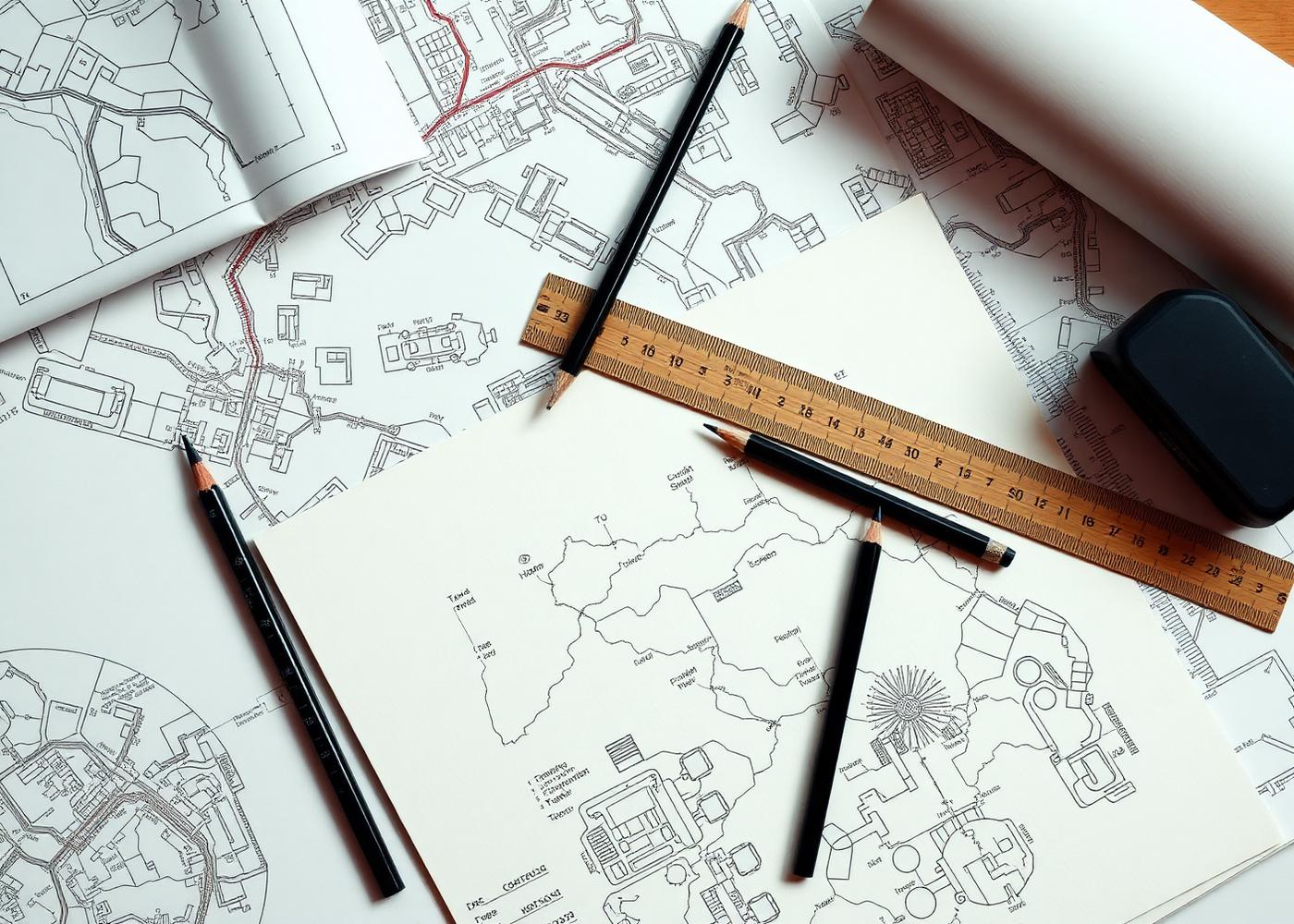 Stół planowania trasy z mapami i diagramami transportowymi
